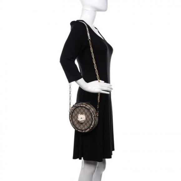 GUCCI GG Supreme Monogram Patchwork Cat Round Shoulder Bag Beige/Brown - Picture 5 of 16